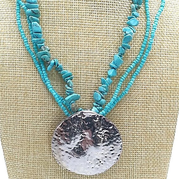 Multi-strand Turquoise-Colored Beaded Necklace LG Silver-tone Hammered Pendant - Picture 1 of 16